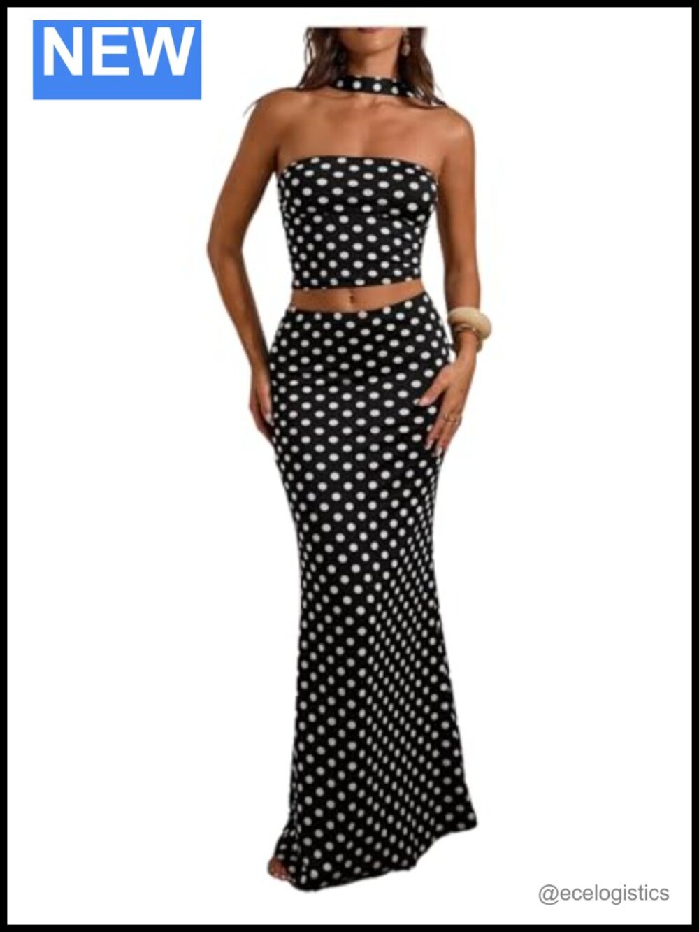 Women's 2 Piece Polka Dot Skirt Set Crop Halter Top Long Maxi Skirt Matching